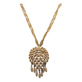 Vintage 1960s Signed Monet Goldtone Fringe Pendant Necklace For Sale
