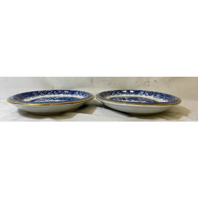 Antique Pair of Gold Rimmed Beech Hancock & Company Oval Blue Willow Side Dish/Vegetable Serving Dishes From England - Circa 1851 For Sale - Image 10 of 12