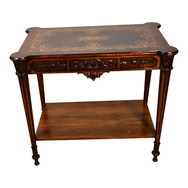 1930s French Louis XVI Carved Walnut & Satinwood Inlay Sofa Table / Side Table For Sale