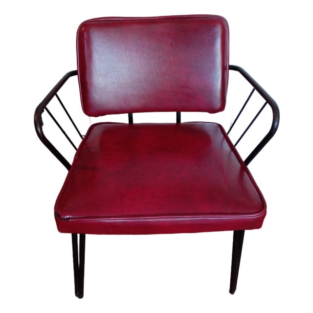 Vintage Viking Artline Style Red Vinyl & Black Metal Frame Chair Hair Pin Legs For Sale