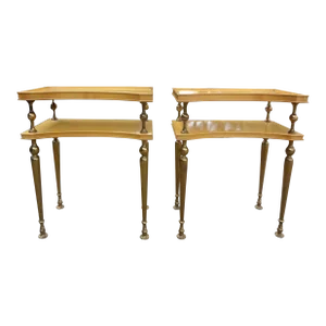 Pair of French Brass and Fruitwood Tables Inspired by Jacques Adnet
