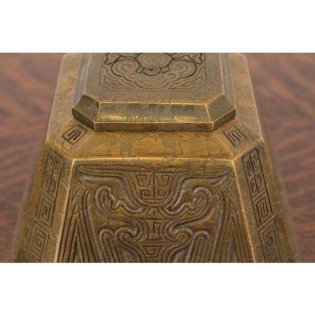 Tiffany Studios New York Chinese Pattern Bronze Large Inkwell For Sale - Image 9 of 14