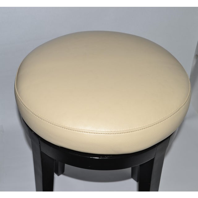 Pair, Vintage Swivel 24 Inch Kitchen Stools Black Wood Tan-Beige Faux Leather Seats For Sale - Image 13 of 16