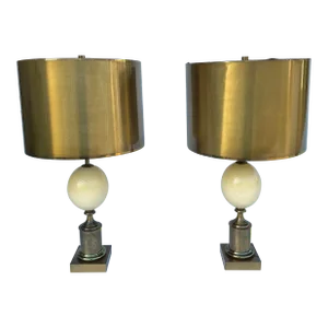 1960’s Maison Charles Patina Brass Ostrich Egg Table Lamps - Set of 2
