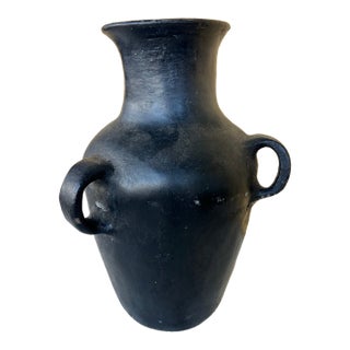 Vintage Matte Black Terracotta Amphora Vase With Handles For Sale