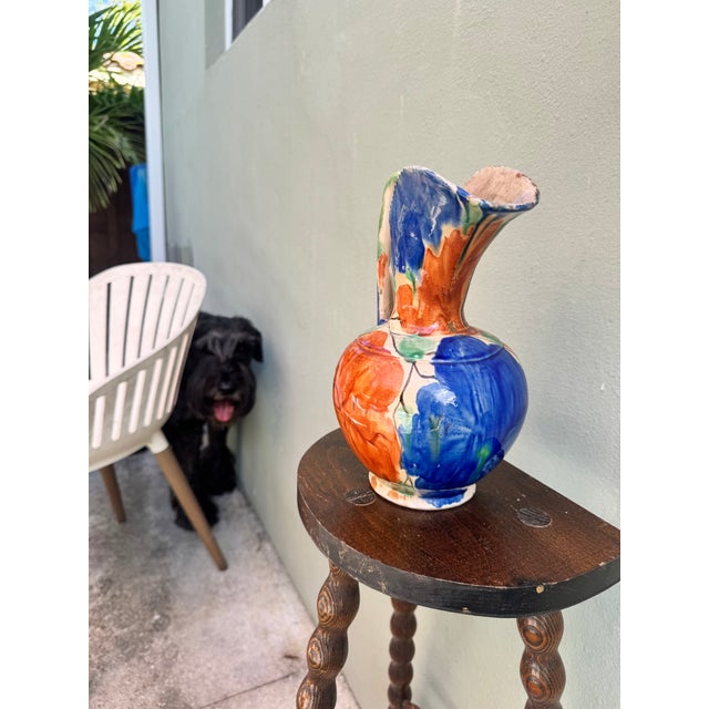 Late 20c Mexican Folk Art Hand-Painted Ceramic Pitcher Ewer — Boho Mediterranean For Sale - Image 4 of 6