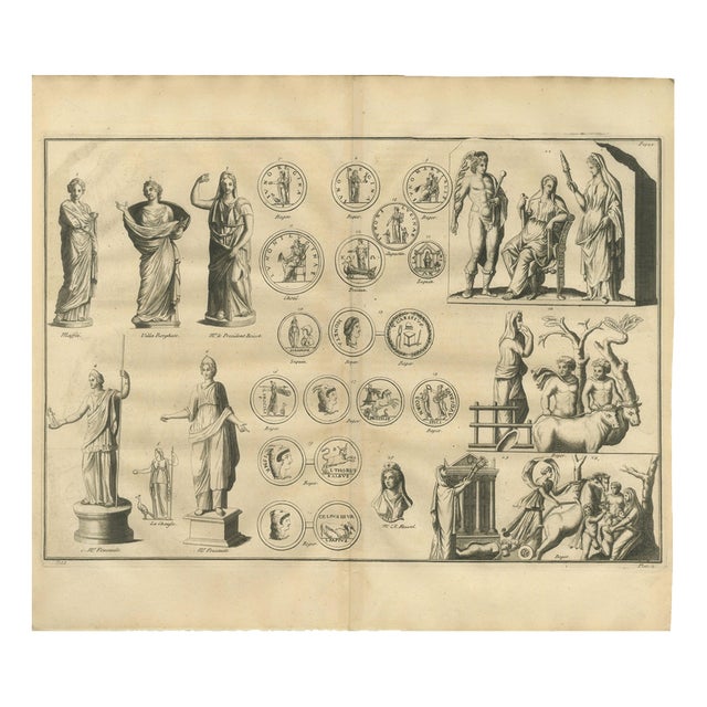 After Bernard de Montfaucon, Roman Goddesses, Allegorical Statues and Coins, 1721, Engraving For Sale