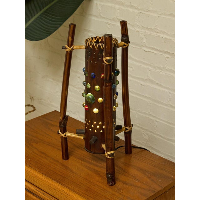 Mid-Century Modern Vintage 1970s Bamboo & Rattan Sculptural Table Lamp With Glass Cabochons. For Sale - Image 3 of 12