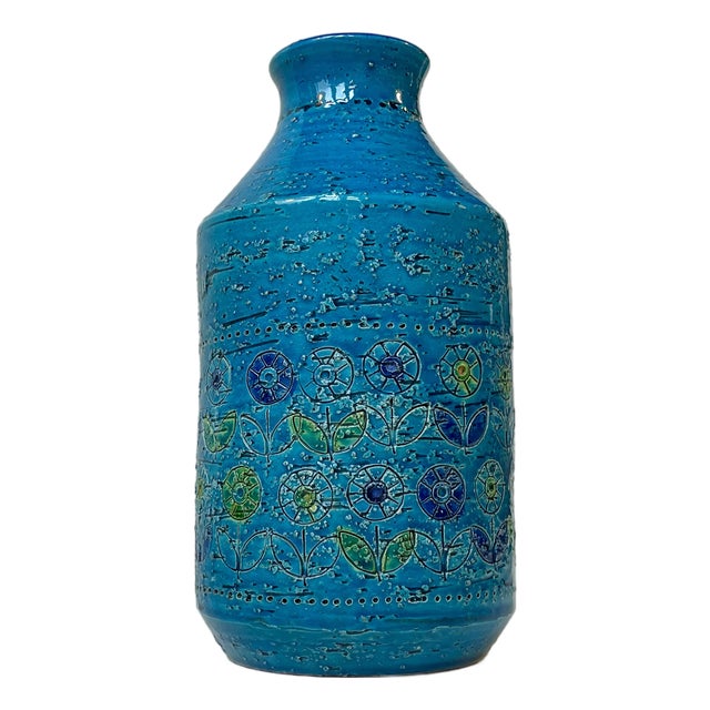 Rimini-Blue Stoneware Vase with Sunflowers by Aldo Londi for Bitossi, 1960s For Sale