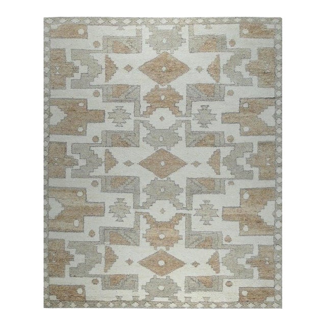 8x10 Ivory Hand-Knotted Wool Diamond Medallion Geometric Traditional Carpet Rug For Sale