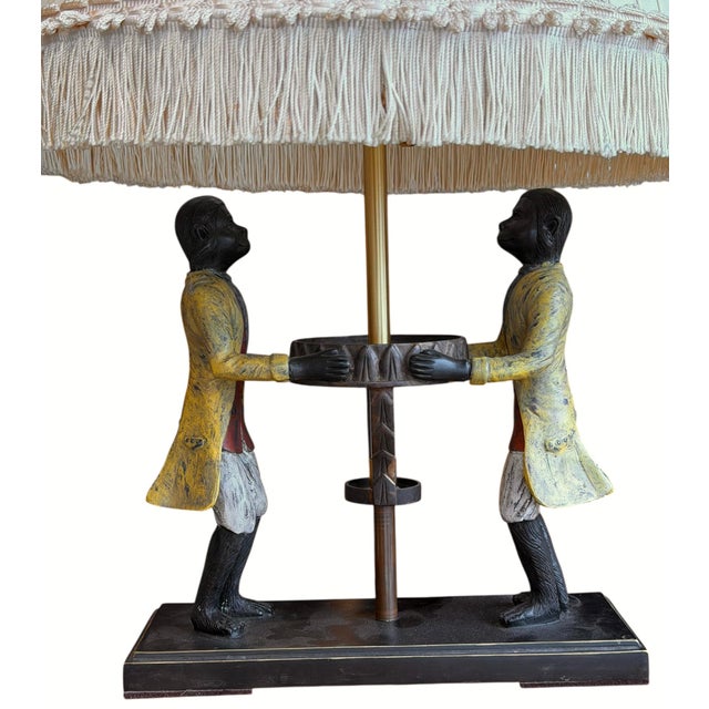 Singerie Chinoiserie Style Cold Painted Bronze 2 Monkey Lamp W Linen Shade For Sale - Image 4 of 5