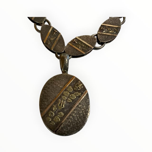 Antique Aesthetic Period Movement Mixed-Metal Floral Locket Necklace Made in England c. 1880–1895. Necklace Approximately...