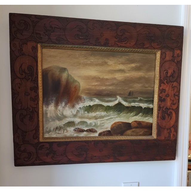 19th Century Dramatic Seascape Painting in Antique Arts & Crafts Pyrography Frame For Sale - Image 14 of 18