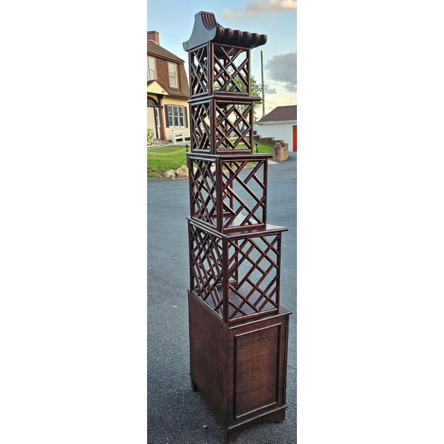 Late 20th Century 20th Century Chinese Chippendale Pagoda-Style Rattan Bookcase Étagère Cabinet For Sale - Image 5 of 13