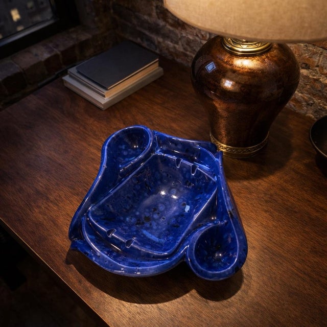Vintage Studio Art Pottery Cobalt Blue Sculptural Ceramic Ashtray / Catchall Dish, Signed Erm For Sale - Image 9 of 9