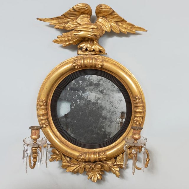 Important Antique c.1830 Giltwood Girandole Convex Federal Mirror With Eagle For Sale - Image 4 of 11