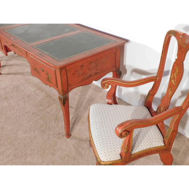 Antique Baker 1950s French Red Chinoiserie Leather Top Writing Desk & Arm Chairs For Sale - Image 11 of 16