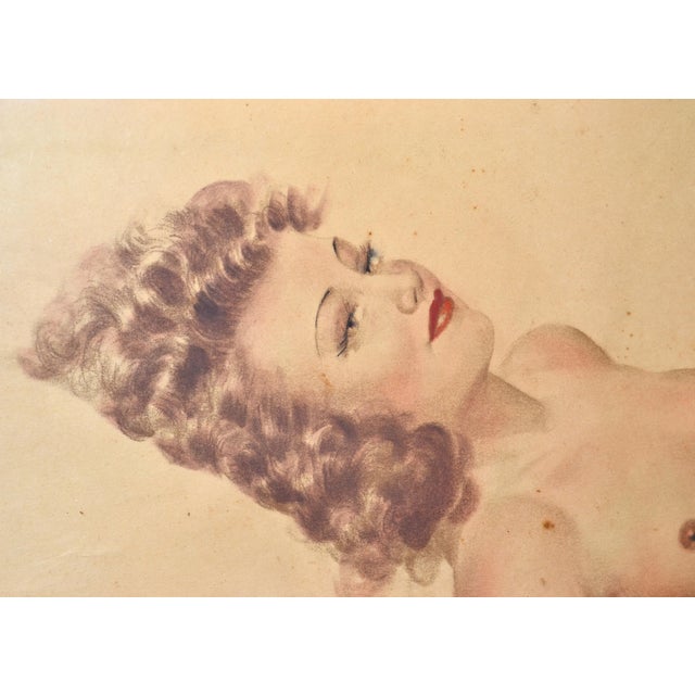 Signed French Neoclassical Framed & Glass Cover Painting Resting Nude Woman 40s For Sale - Image 4 of 12