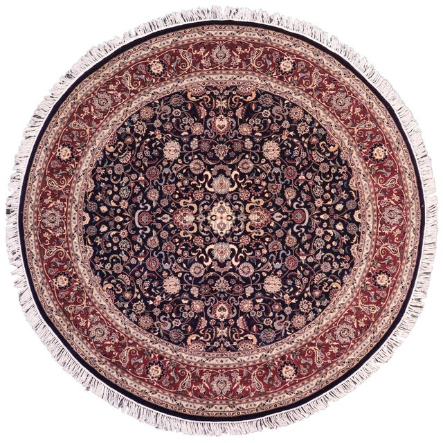 Shabby Chic 1990's Floral Pak-Persian Blue/Red Wool Round Rug- 8'1'' X 8'1'' For Sale - Image 9 of 9