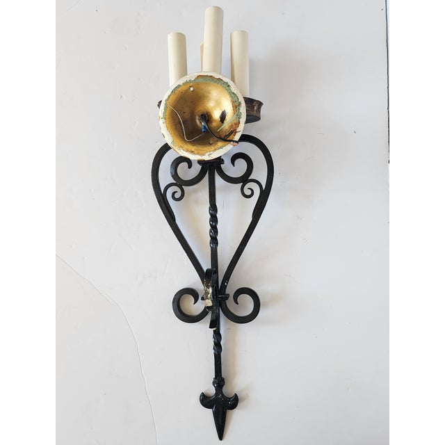 Mid Century Spanish Revival Wrought Iron Wall Sconces-a Pair For Sale In New York - Image 6 of 13