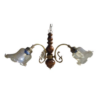 3-Light Chandelier in Wood, Bronze and Glass, 1980s For Sale