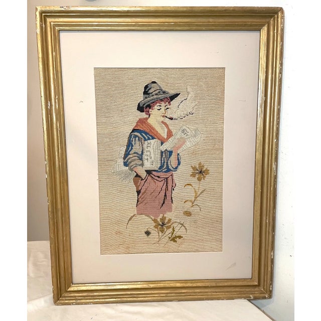 Antique 1800's Victorian Hand Embroidered Boy Smoking Needlepoint Portrait Art For Sale - Image 9 of 10