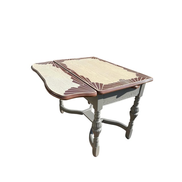 1940s Vintage Art Deco Porcelain Enamel Drop Leaf Kitchen Table With Drawer For Sale - Image 5 of 9