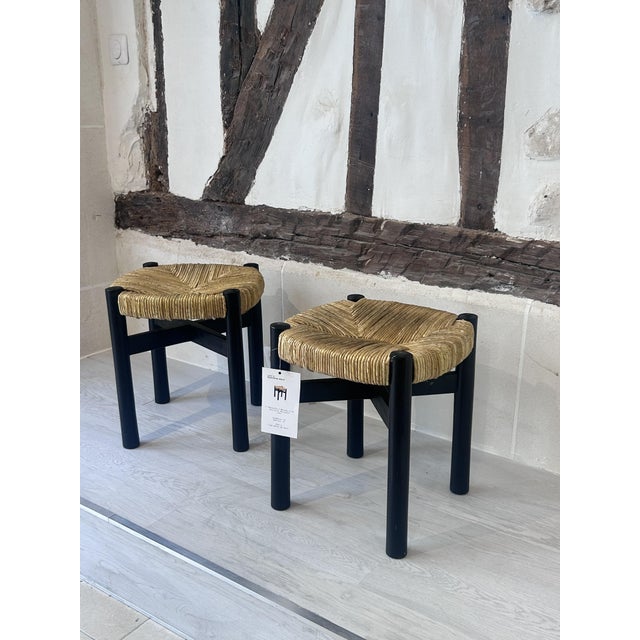 Mid-Century Modern Vintage Black Meribel Stools by Charlotte Perriand, 1960, Set of 2 For Sale - Image 3 of 17