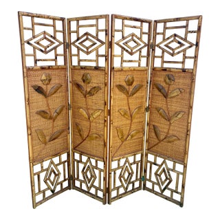Vintage Coastal 4 Panel Burnt Bamboo Folding Screen With Floral Motif For Sale
