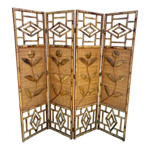 Vintage Coastal 4 Panel Burnt Bamboo Folding Screen With Floral Motif