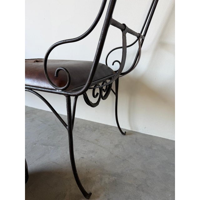 Vintage Rustic Wrought Iron & Leather Scroll Bench For Sale - Image 15 of 16