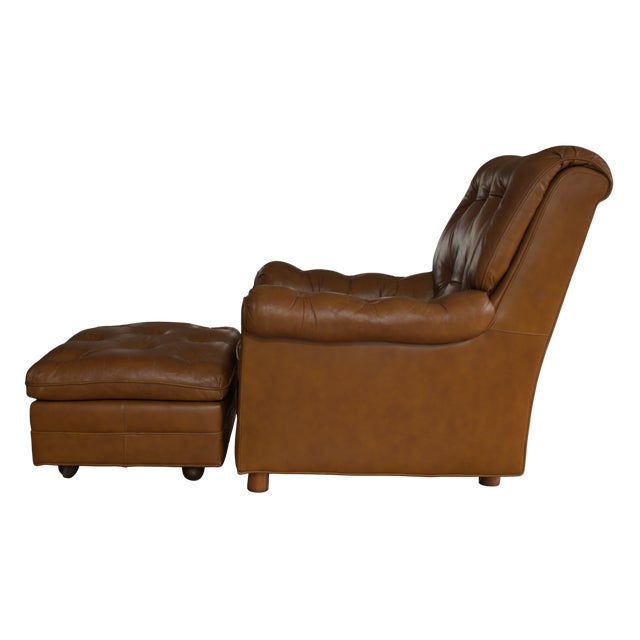 1970s 1970s "Classic Leather" Top Grain Tufted Chair & Ottoman With Brass Casters, Made in Usa For Sale - Image 5 of 9