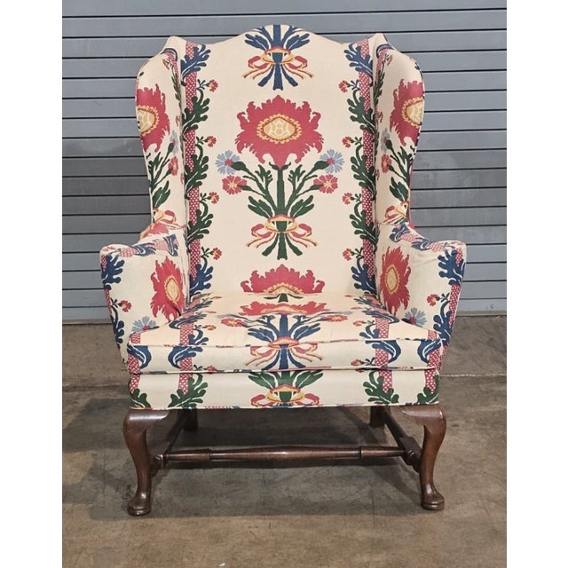 Store Item: Kittinger Colonial Williamsburg Mahogany Wing Chair CW 44 Schumacher Fabric Description: Copied from a New...