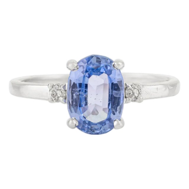 Oval Cut Blue Sapphire Three Stone Ring With Diamonds Size 5 For Sale