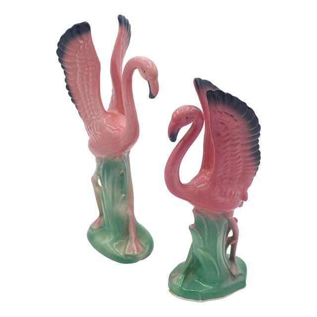 Mid 20th Century Ceramic Mid Flight Pink Flamingo Tabletop Statue Set by Leftons For Sale
