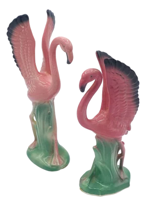 Mid 20th Century Ceramic Mid Flight Pink Flamingo Tabletop Statue Set by Leftons