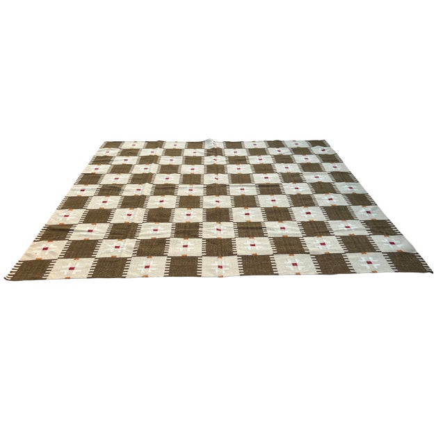 Handmade New Zealand Wool Dhurrie, Brown and Cream Geometric Rug- 9'x12' For Sale - Image 9 of 16