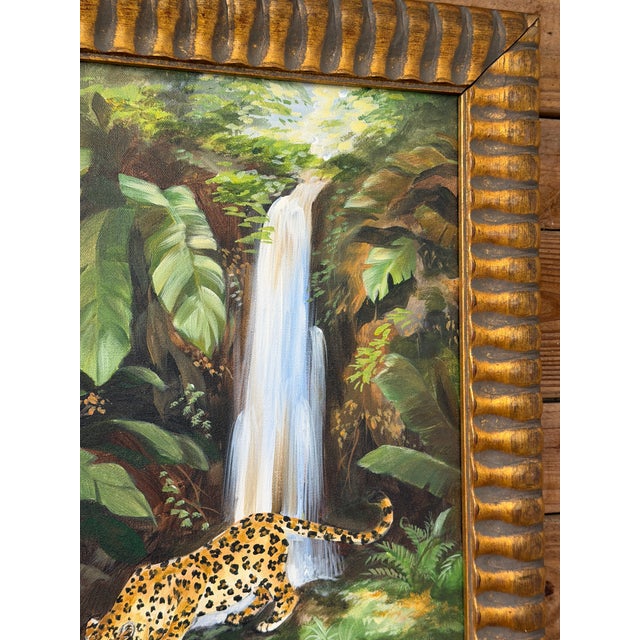 Wood Signed Tropical Leopard Waterfall Acrylic Painting in Carved Gilt Wood Frame For Sale - Image 7 of 12