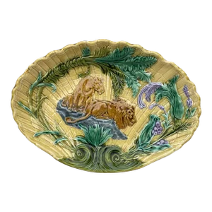 19th Century Majolica Lion and Lioness Platter Salins