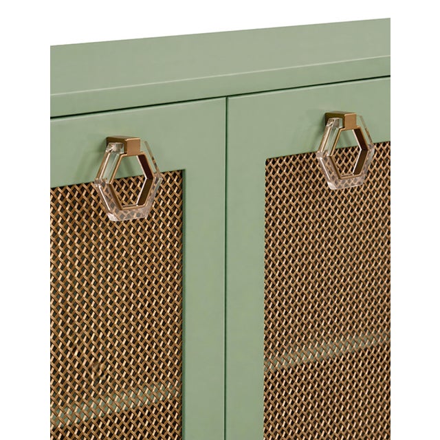 Mid-Century Modern Matthew Izzo Home Marcella Glossy Sage Green Four Door Buffet With Brass Front Doors and Acrylic Door Pulls For Sale - Image 3 of 6