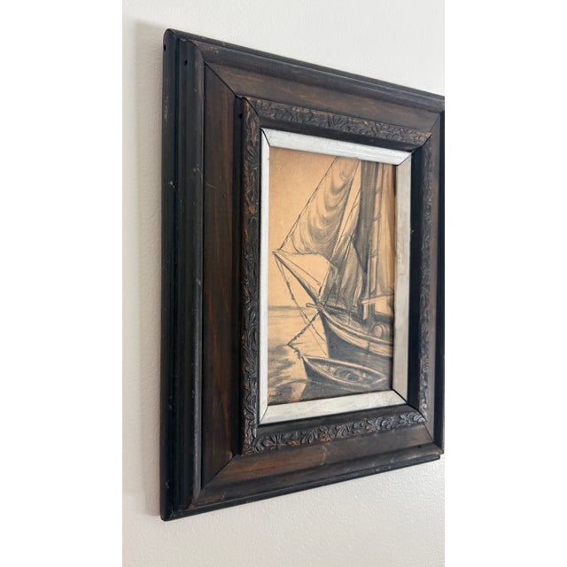 Folk Art Charcoal and Pencil Drawing of S Sailing Ship and Dinghy, Signed by Artist For Sale - Image 4 of 9