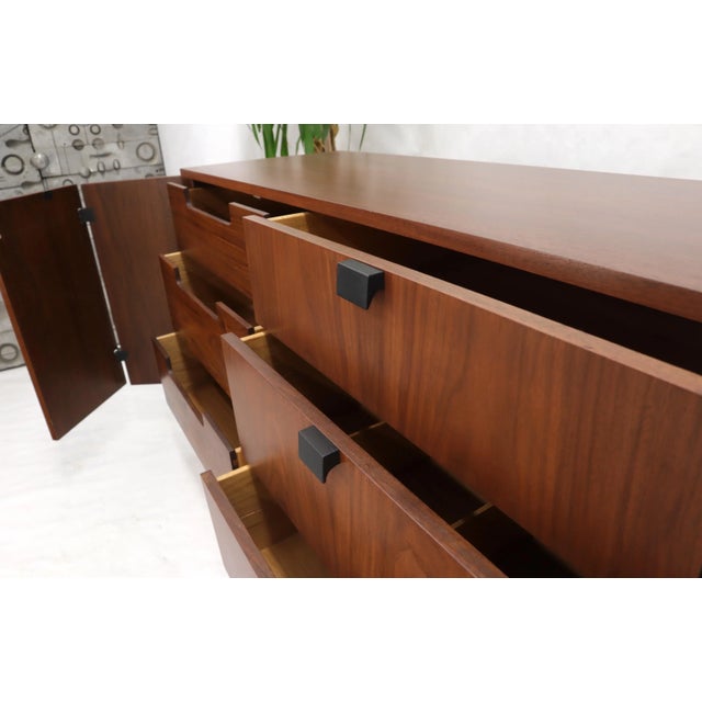 Brown American Walnut 9 Drawers Two Doors Compartment Long Dresser Credenza Restored For Sale - Image 8 of 13