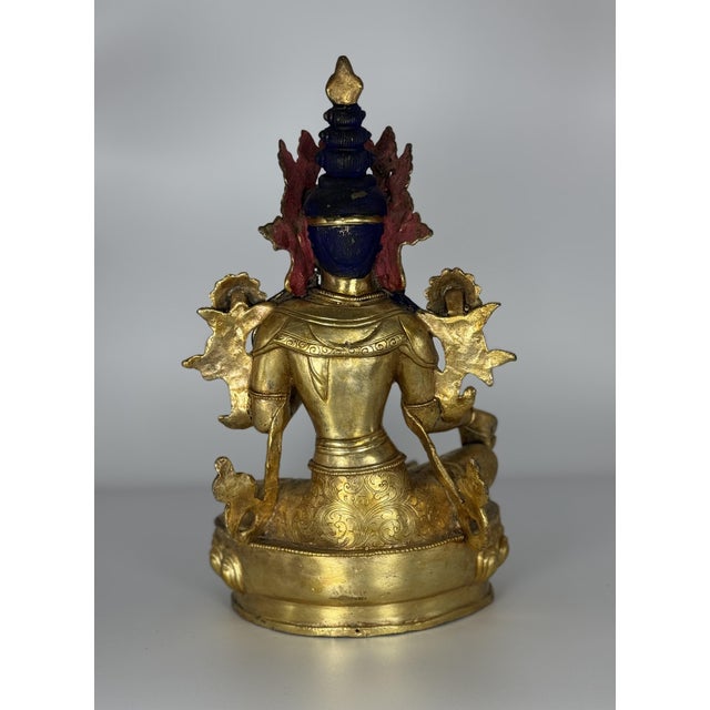 Antique Tibetan Gilt Bronze Green Tara (Syamatara) Seated on Lotus Throne For Sale - Image 4 of 7