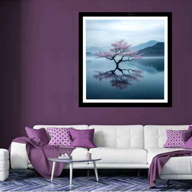 Landscape photograph of a beautiful Cherry Blossom Tree and serene blue lake and mountains in the background. Printed on...