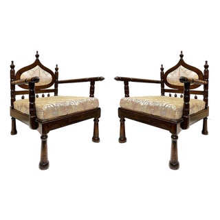 Carved End of Indo-British Colonial Period Lounge Chairs, Pair For Sale