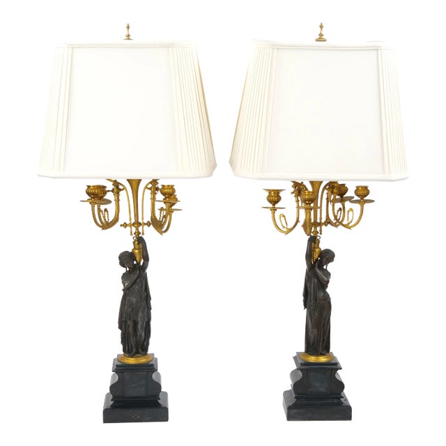 Antique French Napoleon III Gilt Bronze / Marble Candelabra Lamps For Sale