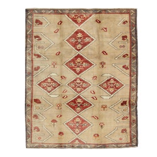 Vintage Turkish Oushak Rug With Bold Diamond Medallions in Red and Beige For Sale
