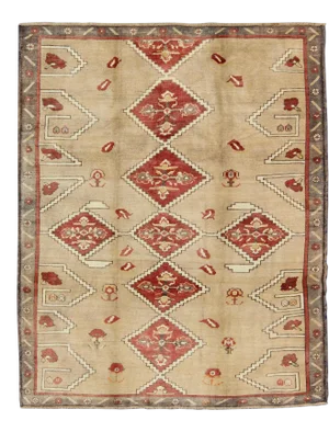 Vintage Turkish Oushak Rug With Bold Diamond Medallions in Red and Beige