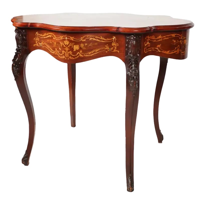 A Continental Marquetry Turtle-Top Table | Chairish