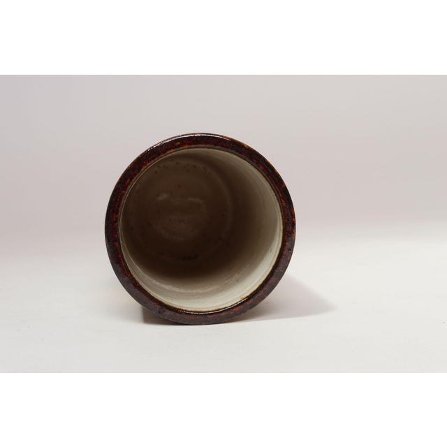 Scandinavian Modern Stoneware Cylindrical Vase With Geometric Motif For Sale - Image 9 of 12